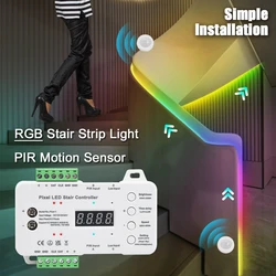 Tira de luces LED para escaleras, luz Flexible con Sensor de movimiento PIR, atenuación, aerodinámica, para debajo del gabinete, DC12V, RGB
