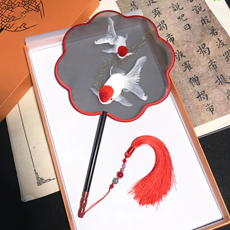 Chinese Suzhou Double-Sided Embroidery Hand Held Fan Ancient Dance Translucent Silk Round Circular Fan With Tassel Chinese