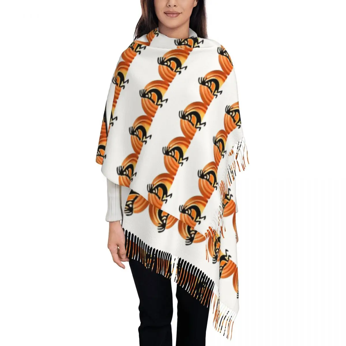 Women's Tassel Scarf Rainbow Kokopelli Native Tribal Indian Long Winter Warm Shawl and Wrap Gifts Cashmere Scarf