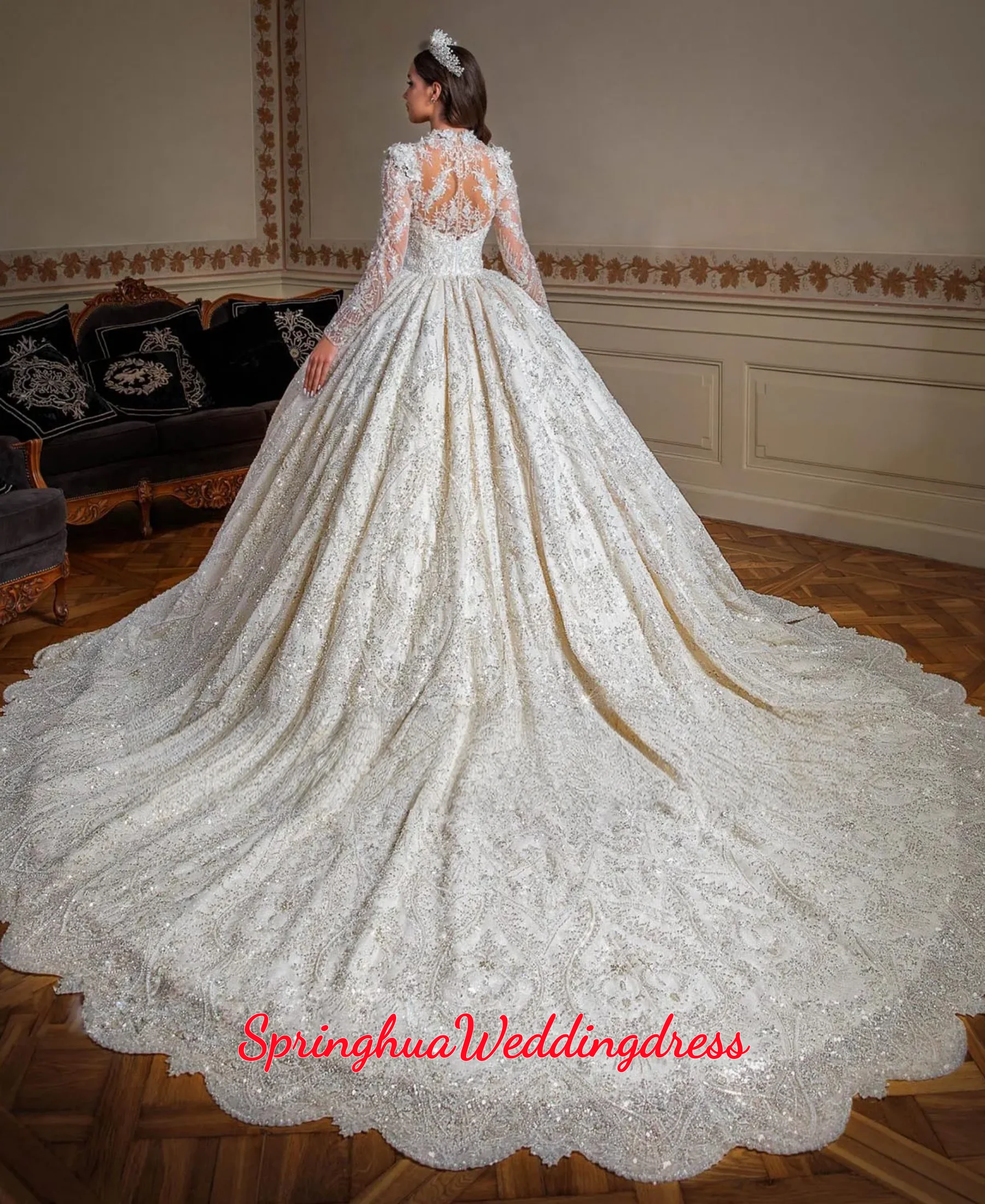 Customized Long Sleeve Ball Gown Wedding Dresses 3D Flowers O-Neck Vintage Robe Mariage Illusion Back Shining Vestido De Noiva