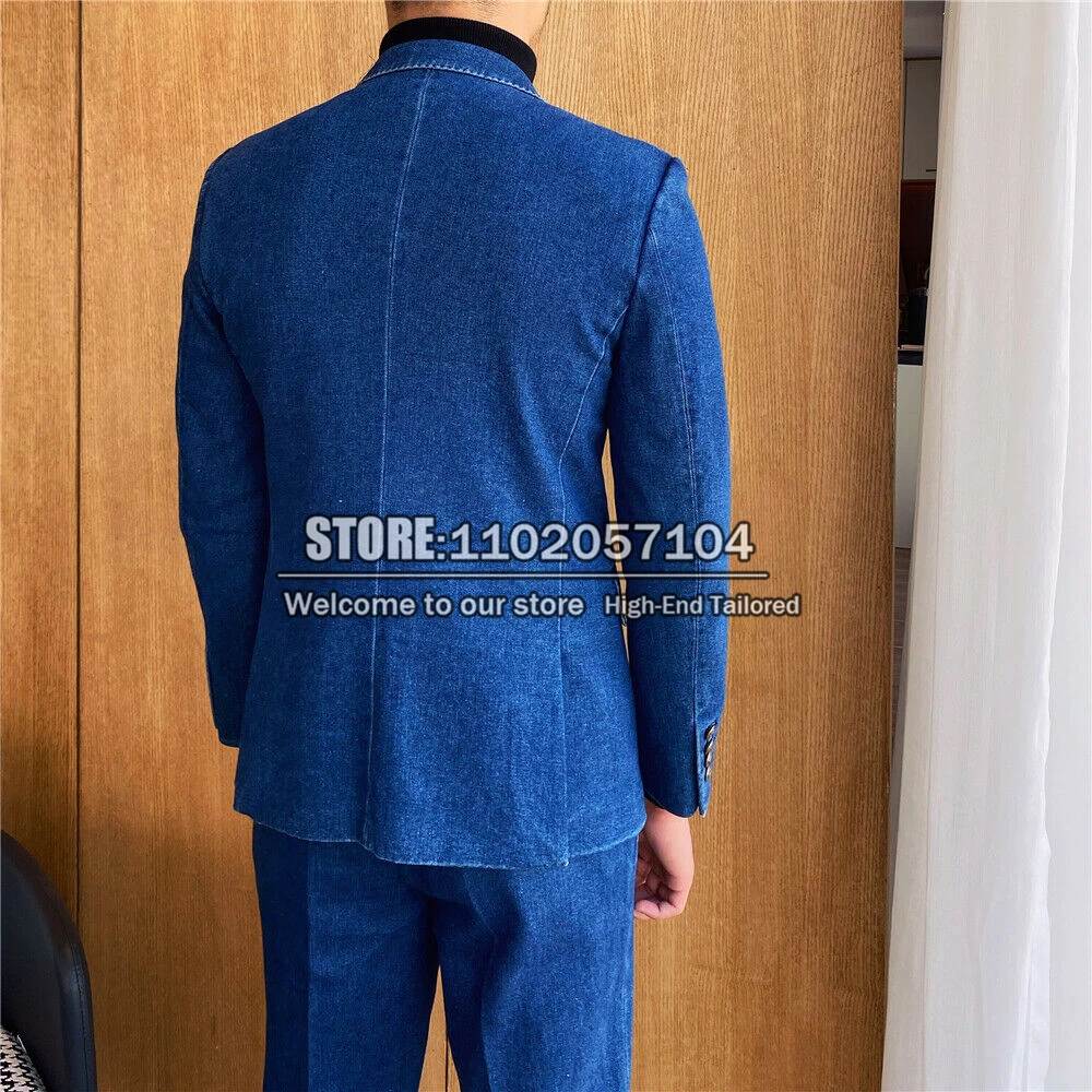 Man Double Breasted Suits Blue Denim Jacket Pants 2 Pieces set Men's Dinner Party Prom Blazer Tailor-made Groom Wedding Tuxedos