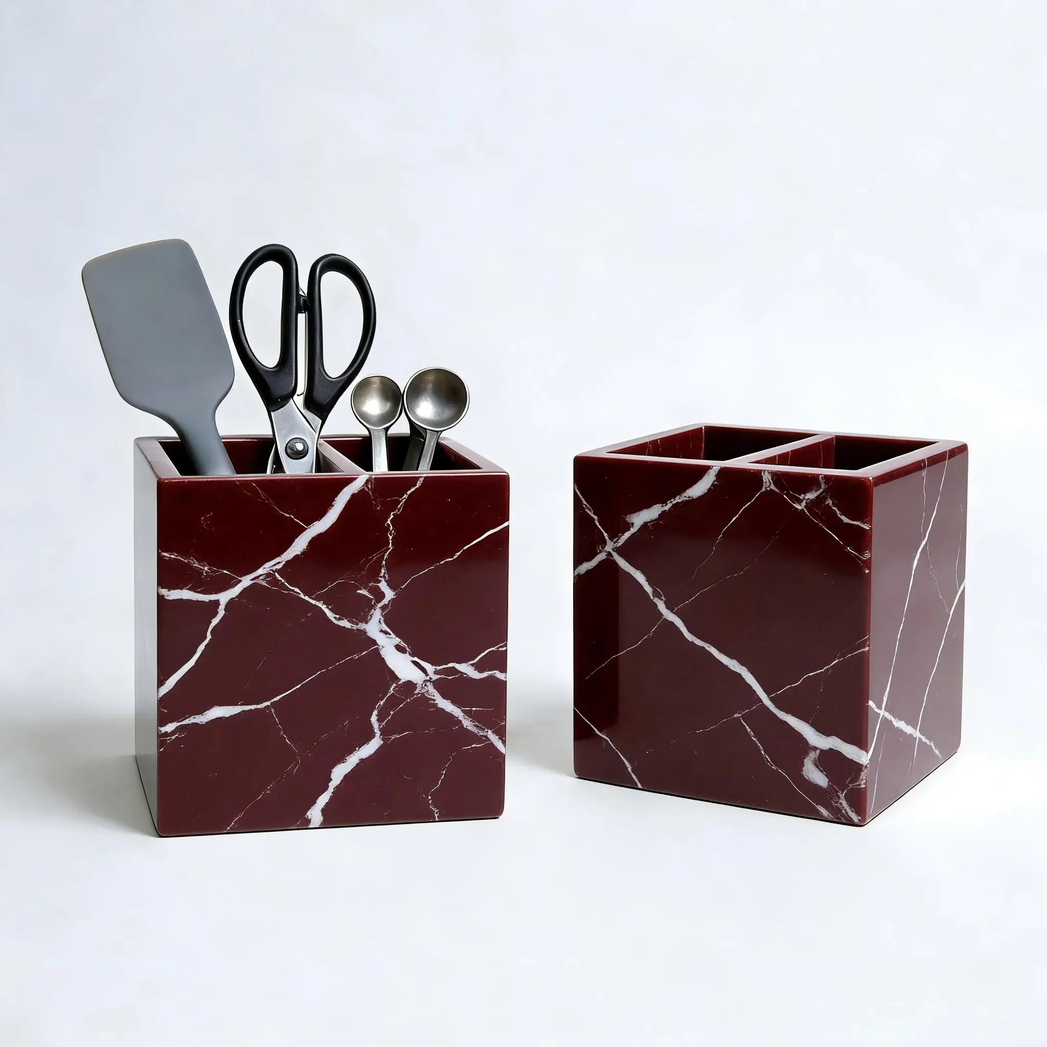 Calacatta Violet Marble Box, 2 Layers Organizer, Natural Stone Desktop Holder for Pen Pencil, Utensils & Makeup Brushes​ Storage