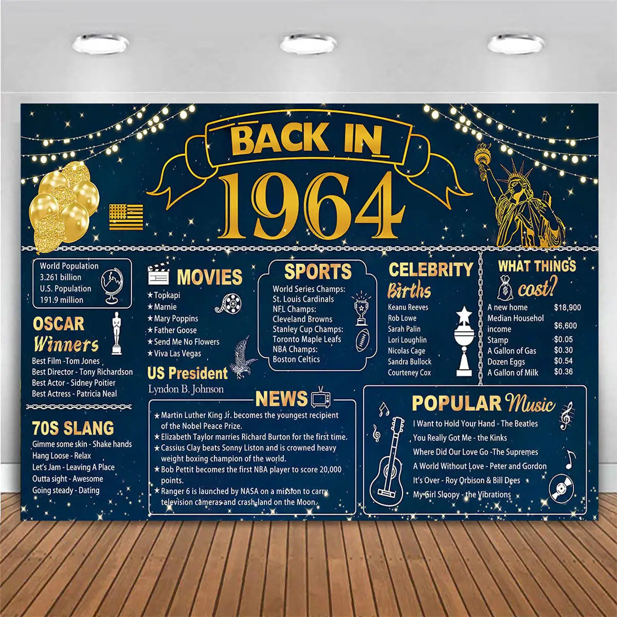 Back in 1964 Backdrop 60th Birthday Party Decor Banner Blue Pink Purple Black Gold Background for Women Men Sixty 60 Years Old