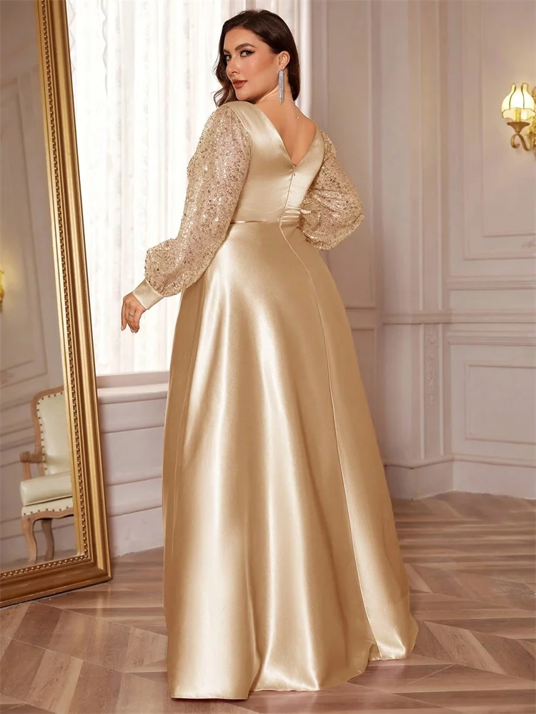 Plus Size Luxury V-Neck Sequins Splicing Evening Dresses Elegant Women Bridesmaid Party Long Sleeve Cocktail Gowns