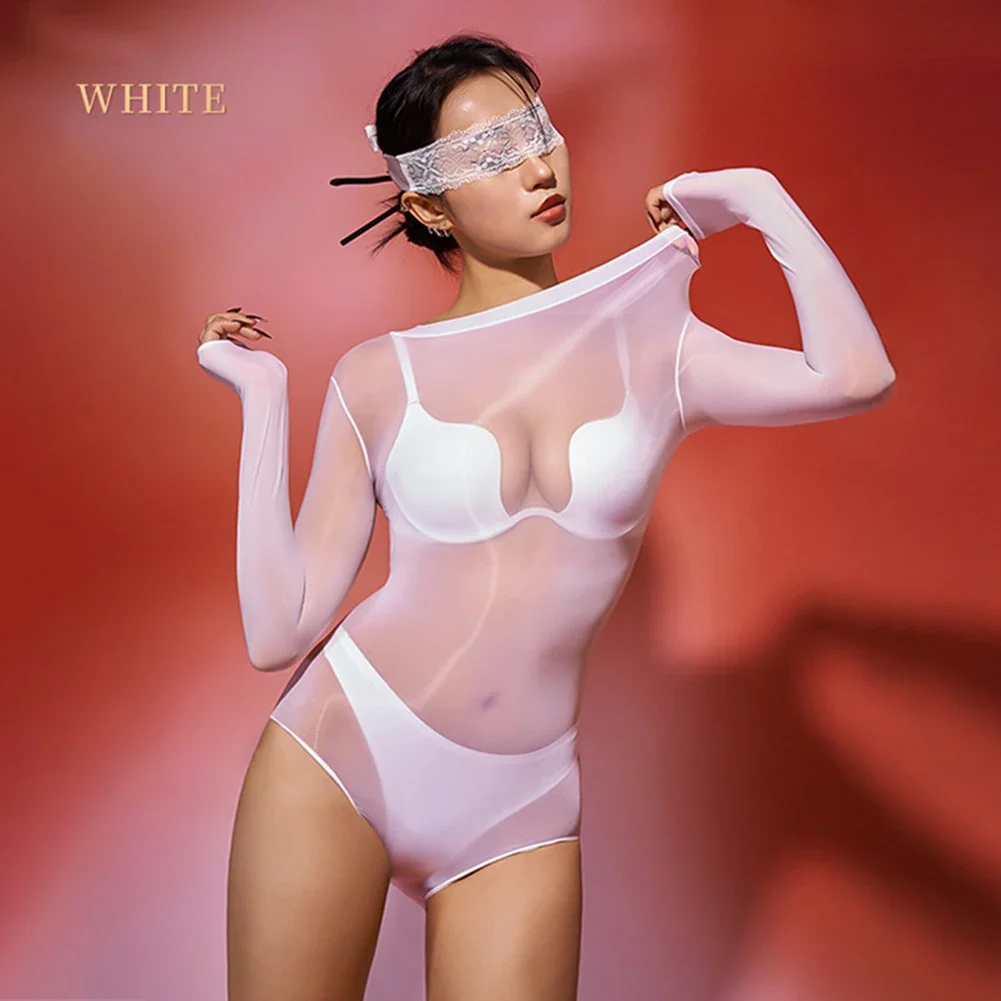 Women Sexy Seamless Oil Glossy Bodysuit Utra-thin Transparent Long Sleeve Jumpsuit High Cut  Elastic Leotard Seductive Lingerie