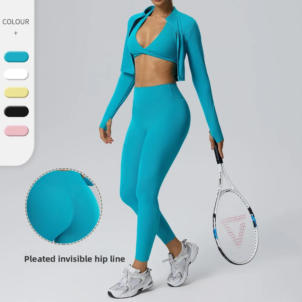 Female nude shaping yoga set, high stretch vest bra jacket tight pants quick drying outdoor running and fitness three piece set