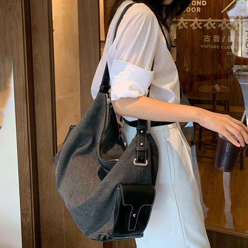 Women Canvas Shoulder Pack Fall Winter Large Capacity Commuter Tote Bags Retro Contrast Color Casual Daily Work Handbags