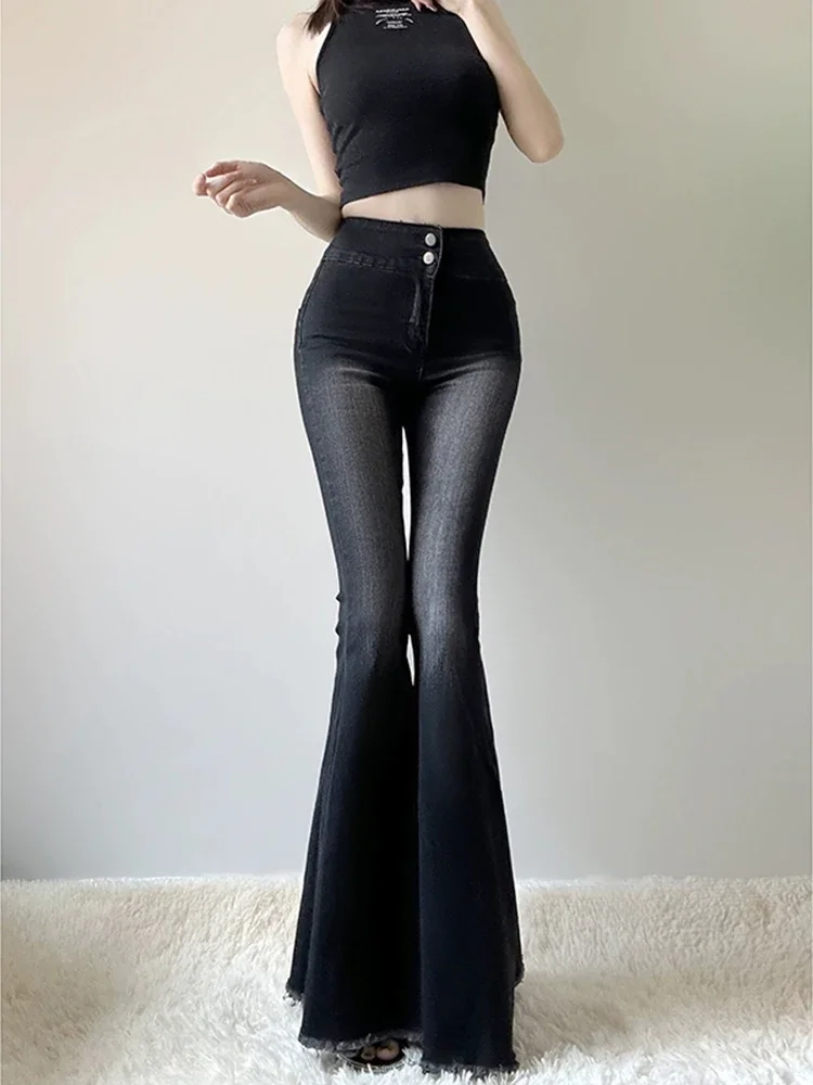 Neue amerikanische sexy schlanke Frauen Jeans hohe Taille Retro schwarz einfache ausgestellte Hosen weibliche schicke Mode Straße lässig Frau Jeans