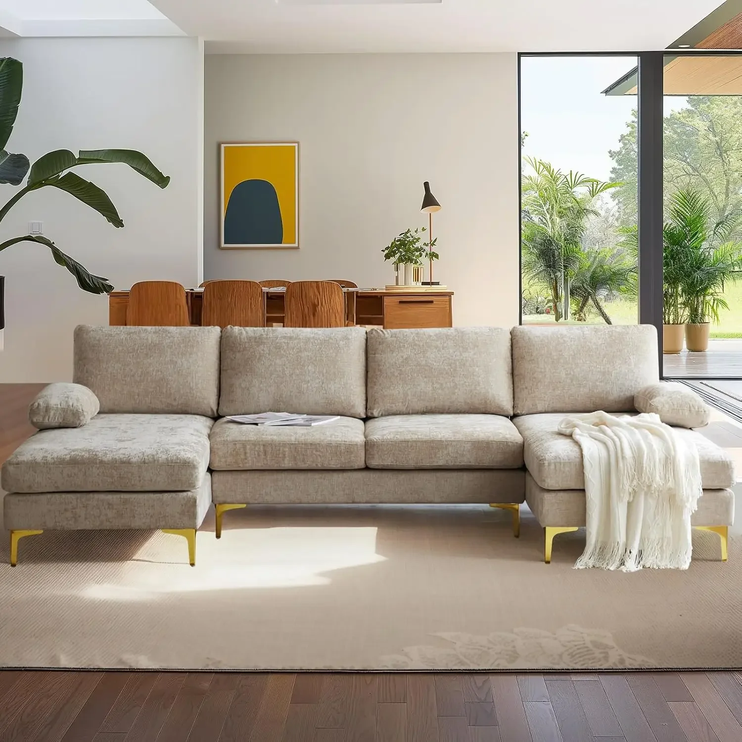 

Large U-shape Sofa with Double Chaise,Modern Sectional Couch Set with Soft Seating Padding, Chenille Fabric,Metal Gold Leg
