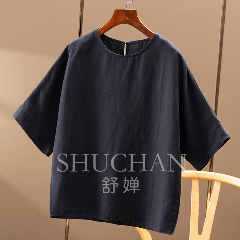 Simple and easy to wear method High quality lyocell linen loose round neck seven-quarter sleeve shirt new women's 45C1