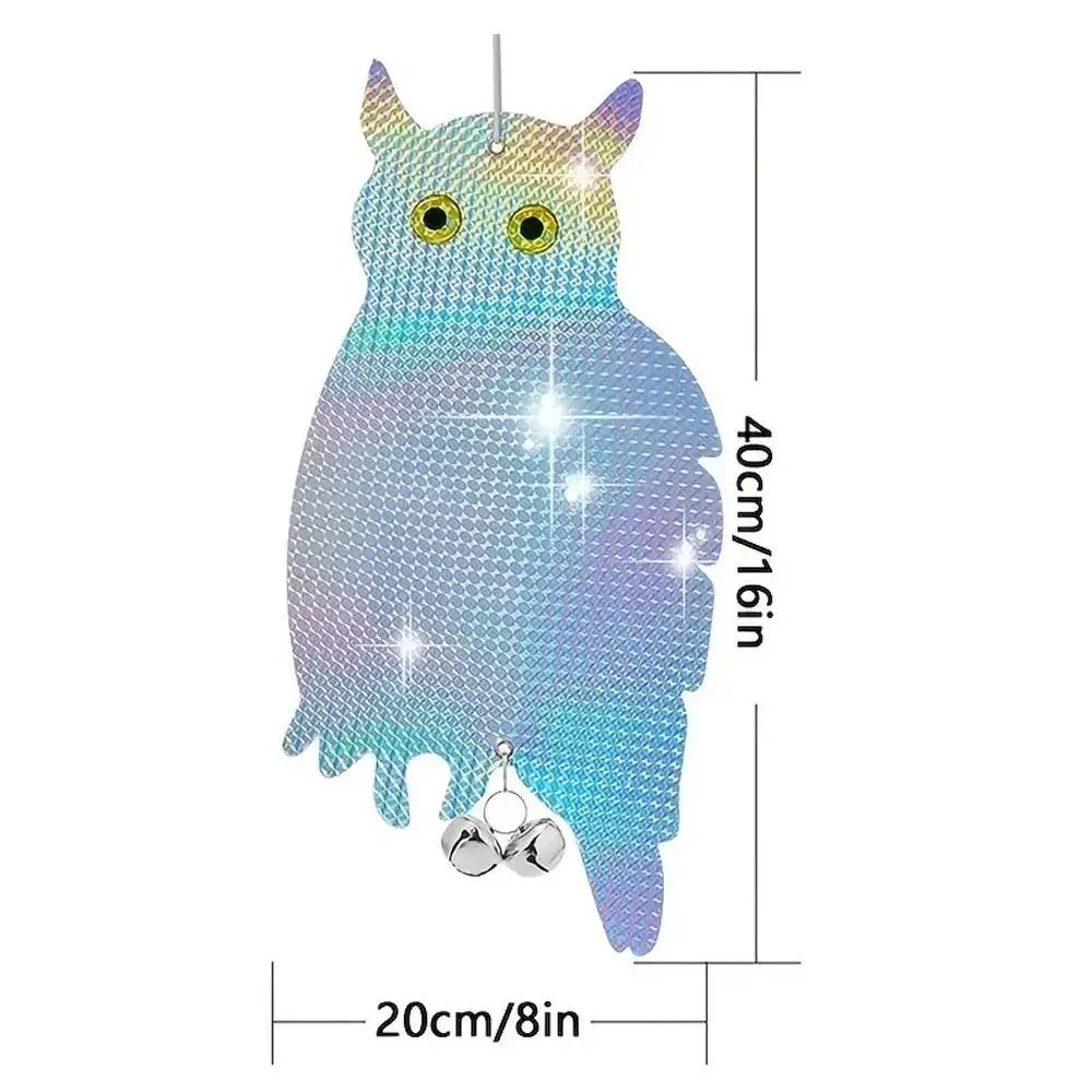 Dispositivo per spaventare uccelli finti in plastica impermeabile con gufo spaventapasseri laser a doppia faccia con campanelli Repellente per uccelli Decorazione per balcone