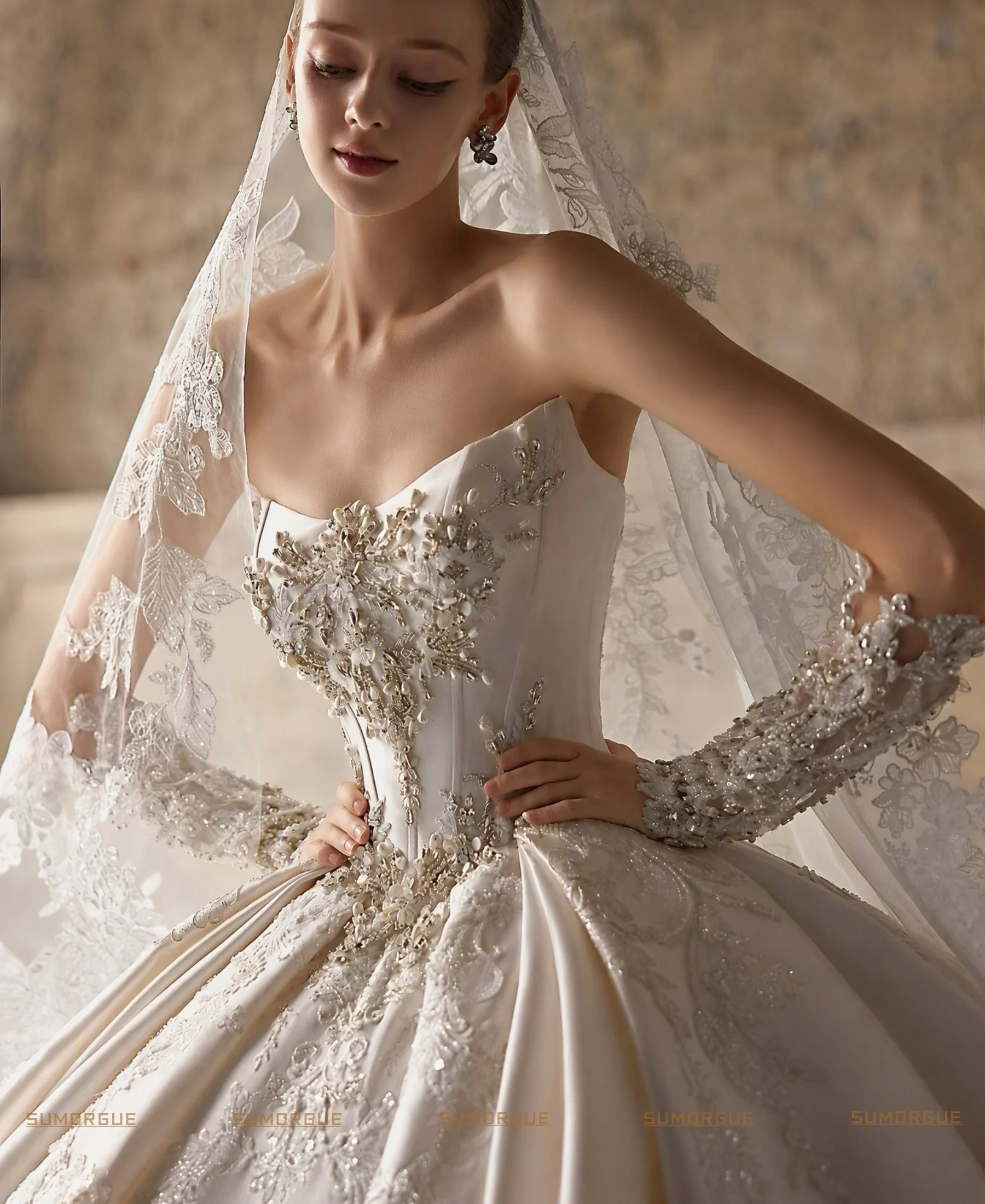 Luxury Off The Shoulder High Quality Satin Wedding Dress Lace Embroidery With Beading high-end Customized Vestidos De Noiva