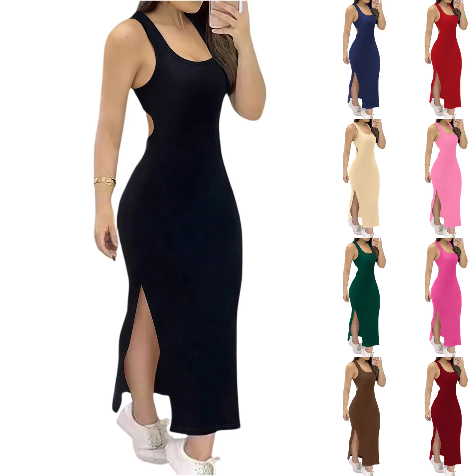 Women sexy slim-fit dress backless criss-cross straps side slit long dresses summer sleeveless AliExpress
