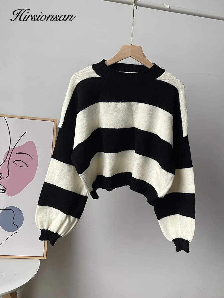 Hirsionsan Vintage Striped Patchwork Sweater Women Elegant Ladies Pullovers Warm Soft Long Sleeve Knitted Jumper Crop Tops