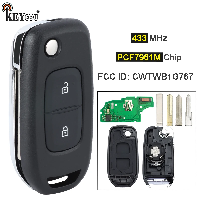 

KEYECU FSK 433 МГц PCF7961M 4A чип CWTWB1G767 2 кнопки откидной дистанционный ключ брелок для Renault Dacia Logan 2 Logan II 2018 2019 2020