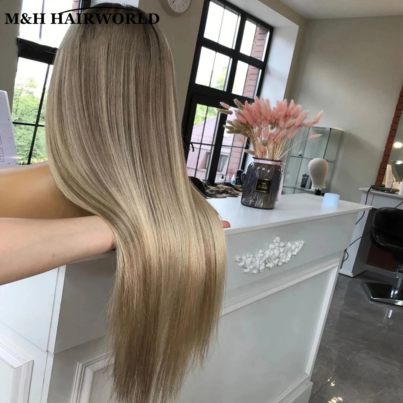 Ombre Ash Blonde Highlights Wigs with Dark Roots 30-calowa długa prosta koronkowa peruka na przód Syntetyczne włosy Peruki bezklejowe dla kobiet