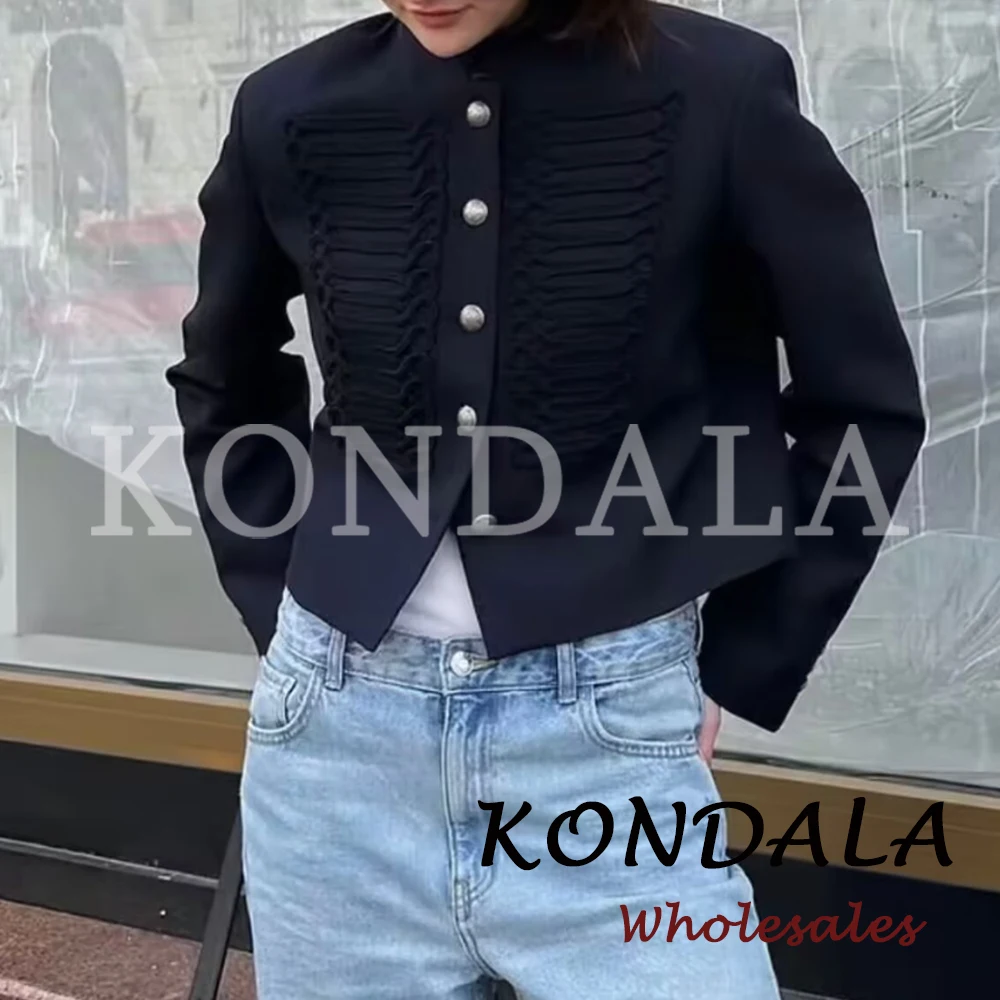 

KONDALA Vintage Solid Black Spring Cool Streetwear Women Jacket Fashion 2026 Standing Collar Long Sleeve Female Straight Outwear