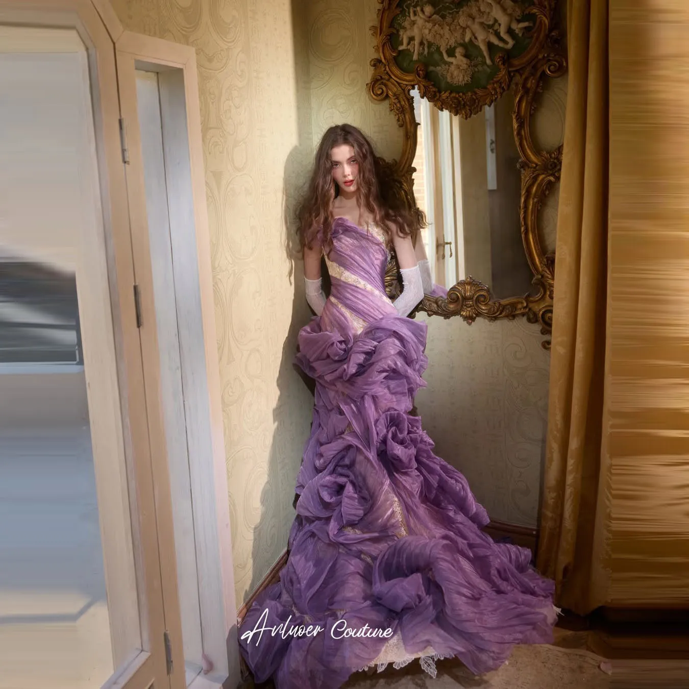 

2025 New Purple Tulle Ball Gown Evening Dress for Cocktail Party Formal Wear Women's Wedding Guest Dress Long Train Prom Gown