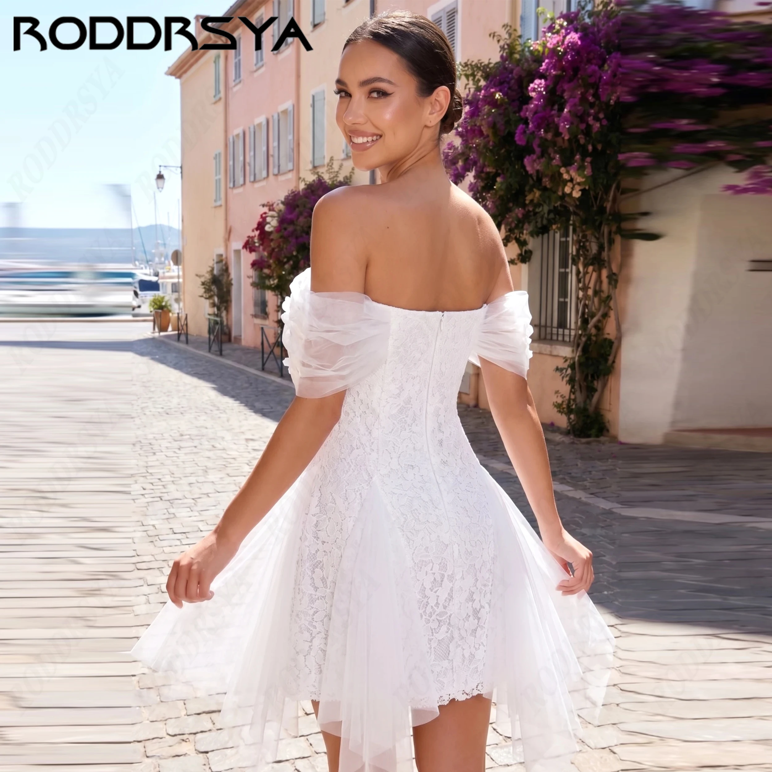 RODDRSYA Floral Mesh Bardot Lace Wedding Dresses Bride Tulle Flowers Pearls Off Shoulder Short Bridal Party Dress Customized