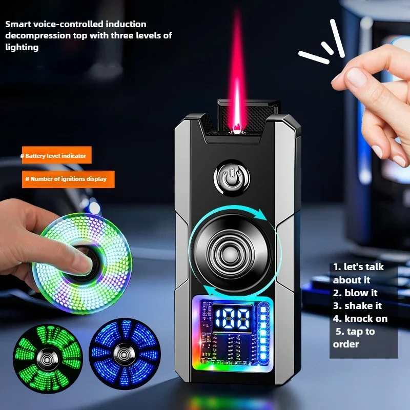 Voice Controlled Ignition Windproof Red Flame Gyroscope Lighter Visual Gas Window Color Light Butane Gas Lighters USB Igniter