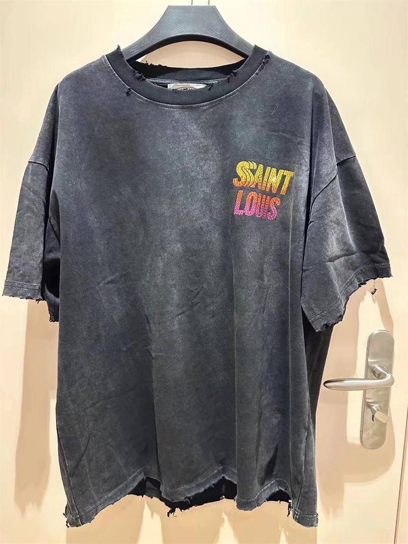 Washed Saint Louis Sunset Crystal T-Shirt Men Women 1:1 High Quality Destroy Design Oversize Tee Casual Short Sleeve With Tag