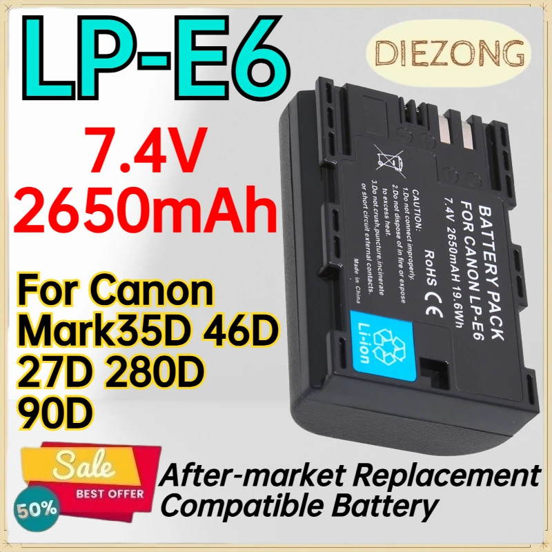 2pcs LP-E6 7.4V 2650mAh Camera Battery for Canon Mark35D 46D 27D 280D 90D After‑market Replacement Compatible Battery
