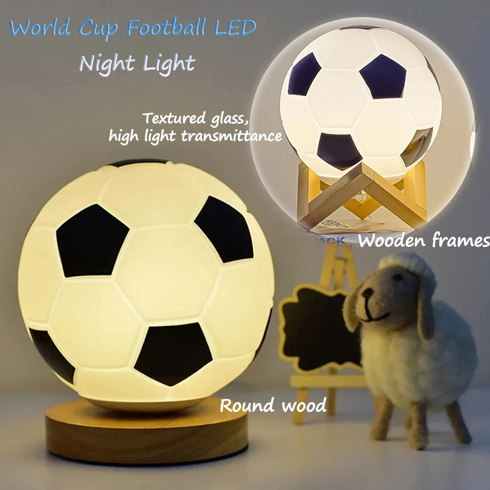 Football Solid Wood Glass Small Table Lamp Night Reading Light USB LED Circular Bedside Bed Study Decoration Remote Dimming Room