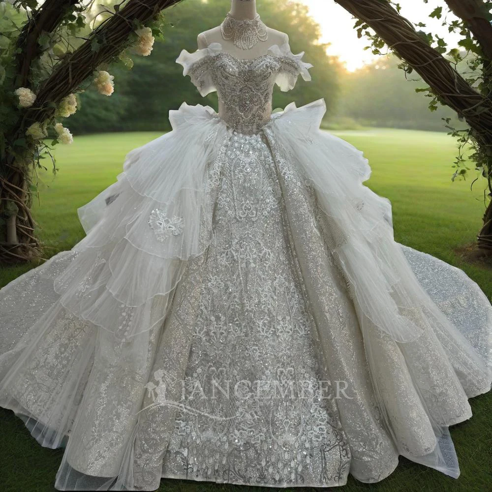 

Jancember Luxury Sequin Crystal Short Sleeve Wedding Dress Ball Gown Sparkly Beading Bridal Gowns Court Train Vestidos Novia
