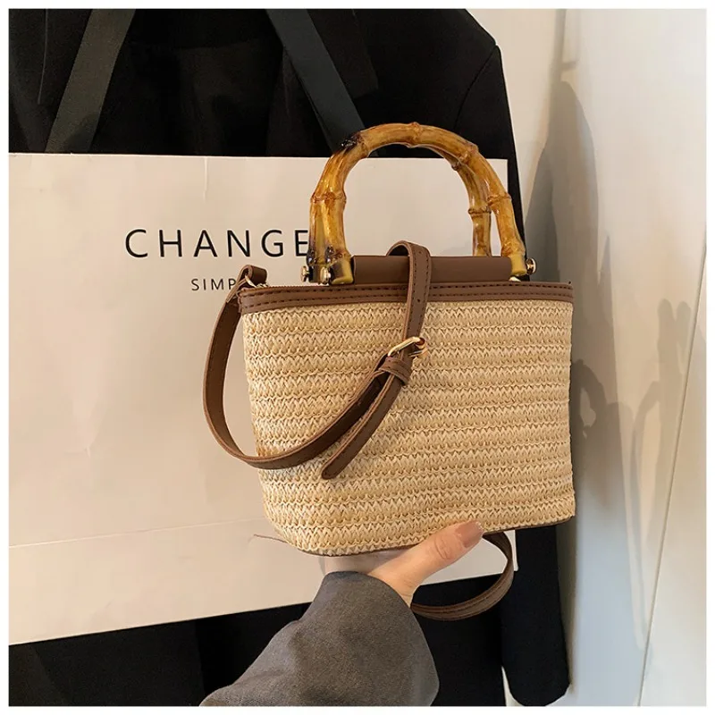 Summer Tote Straw Bucket Shoulder Crossbody Bag for Women 2024 New Designer Top Handle Square Bag Female Handbags Ladies Beach