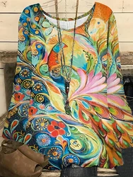 Plus Size 2025 Autumn New Arrivals Casual Blouse Women's Peacock Print Long Sleeve Suitable for Autumn and Winter