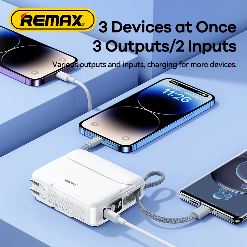 Remax 20000mAh 27W  Fast Charging Power Bank With Cable Plug Adapter Digital Display For Laptops Notebooks Moblie Phone Travel