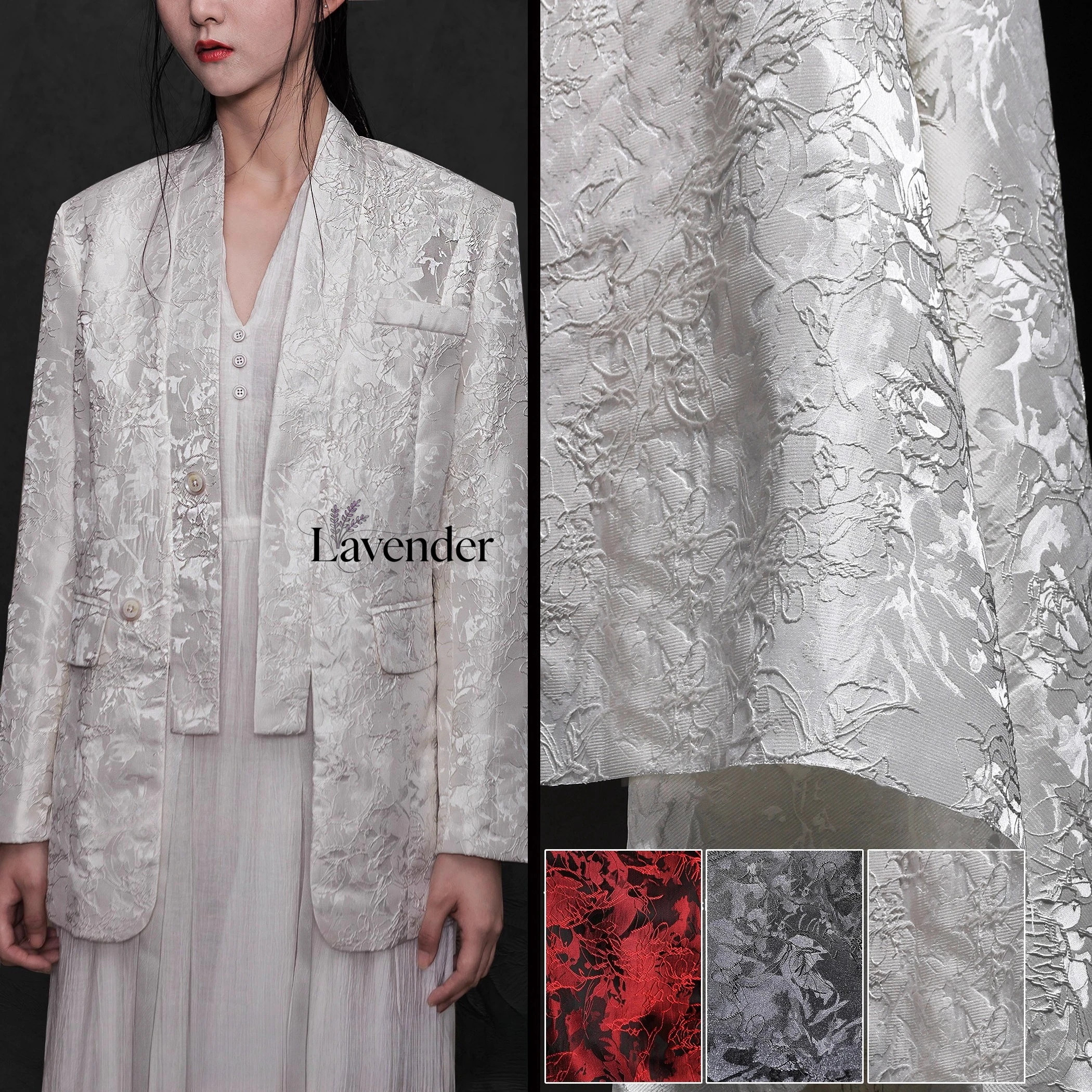 

White black red plant jacquard fabric texture embroidery sewing coat suit skirt clothing cheongsam designer diy fabric