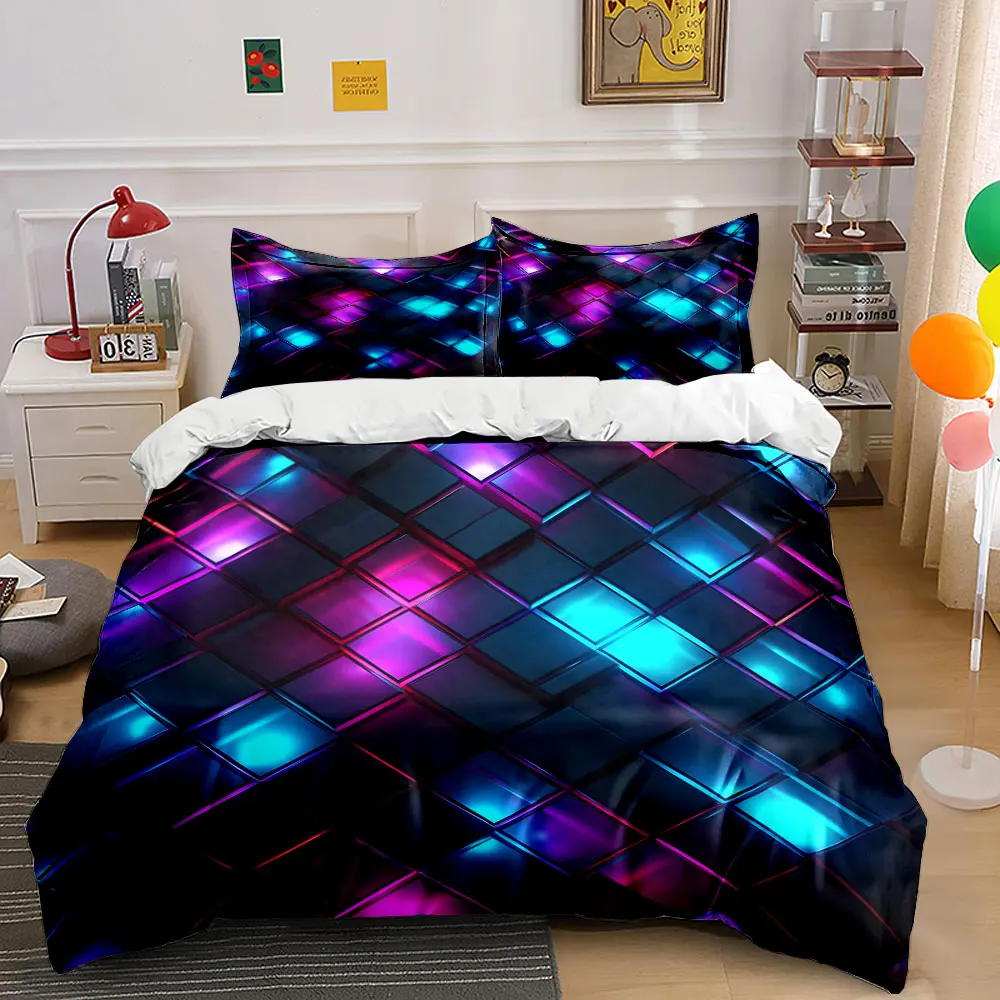 

Neon cubes with glowing lights Printed Duvet Cover Set 1 Duvet Cover+2 Pillowcase Multi Size Bedroom Bedding Decor Luxury gifts