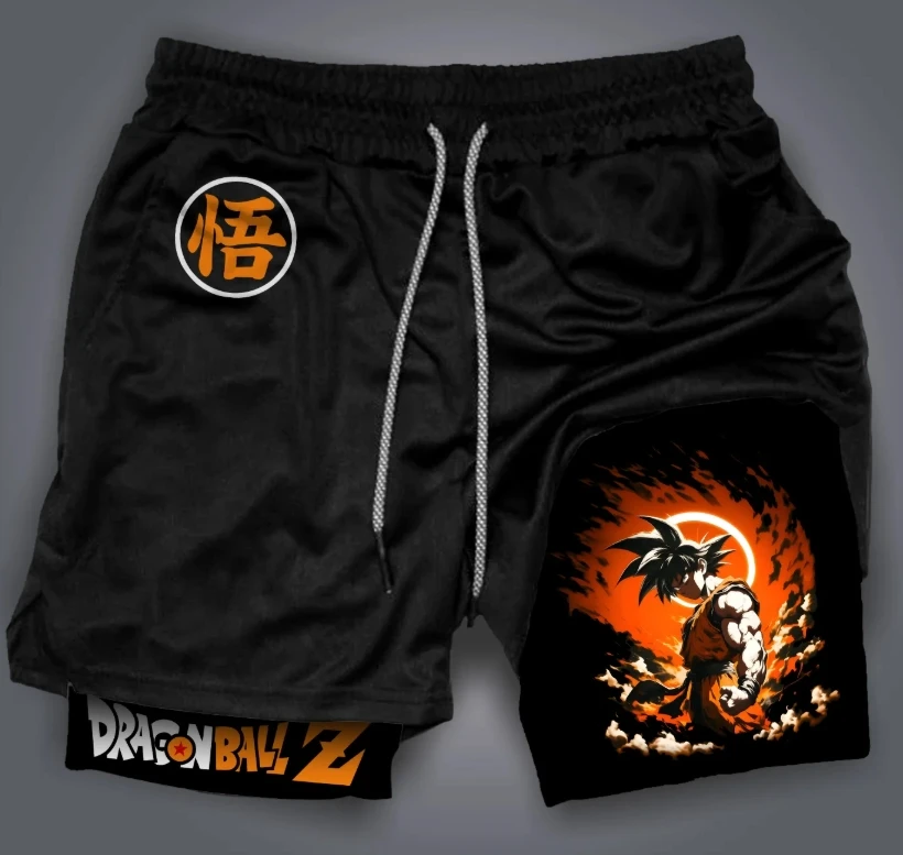 Shorts esportivos com tema Dragon Ball – duas peças, cordão elástico, bolso para moedas, alça para toalha, bolsos inclinados, forro reforçado