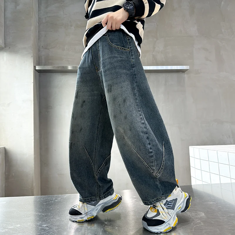 빈티지 블루 어린이 청바지, 캐주얼 하이 스트리트 데님 바지, 학교 어린이 패션, 스트레이트 컷 청바지, 십대