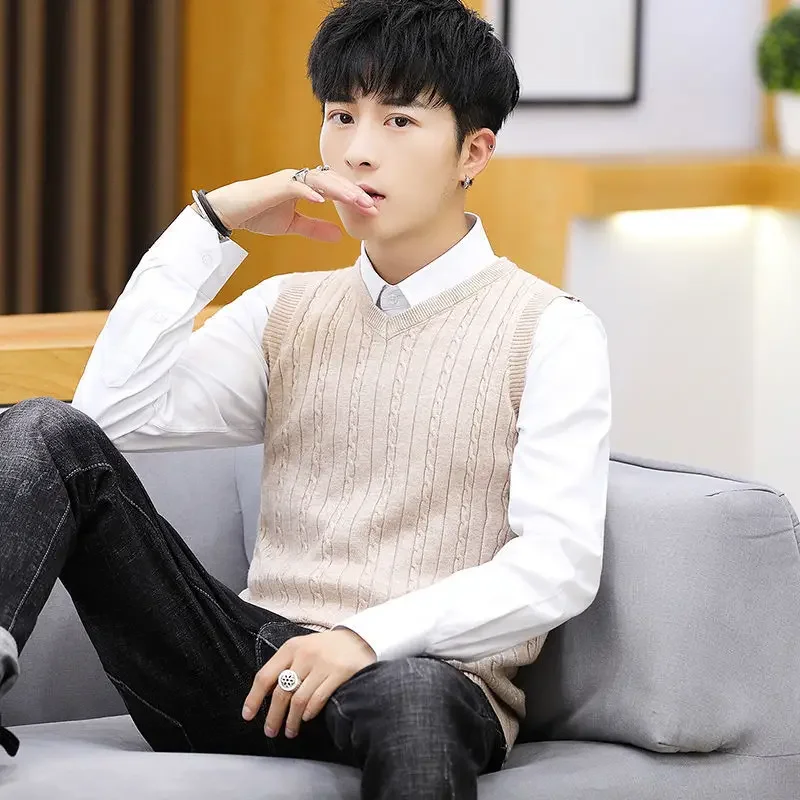 

2023 Autumn Wool New Men's V-Neck Knitted Vest Business Casual Classic Style Thick Warm Sleeveless Sweater Vest Male Brand