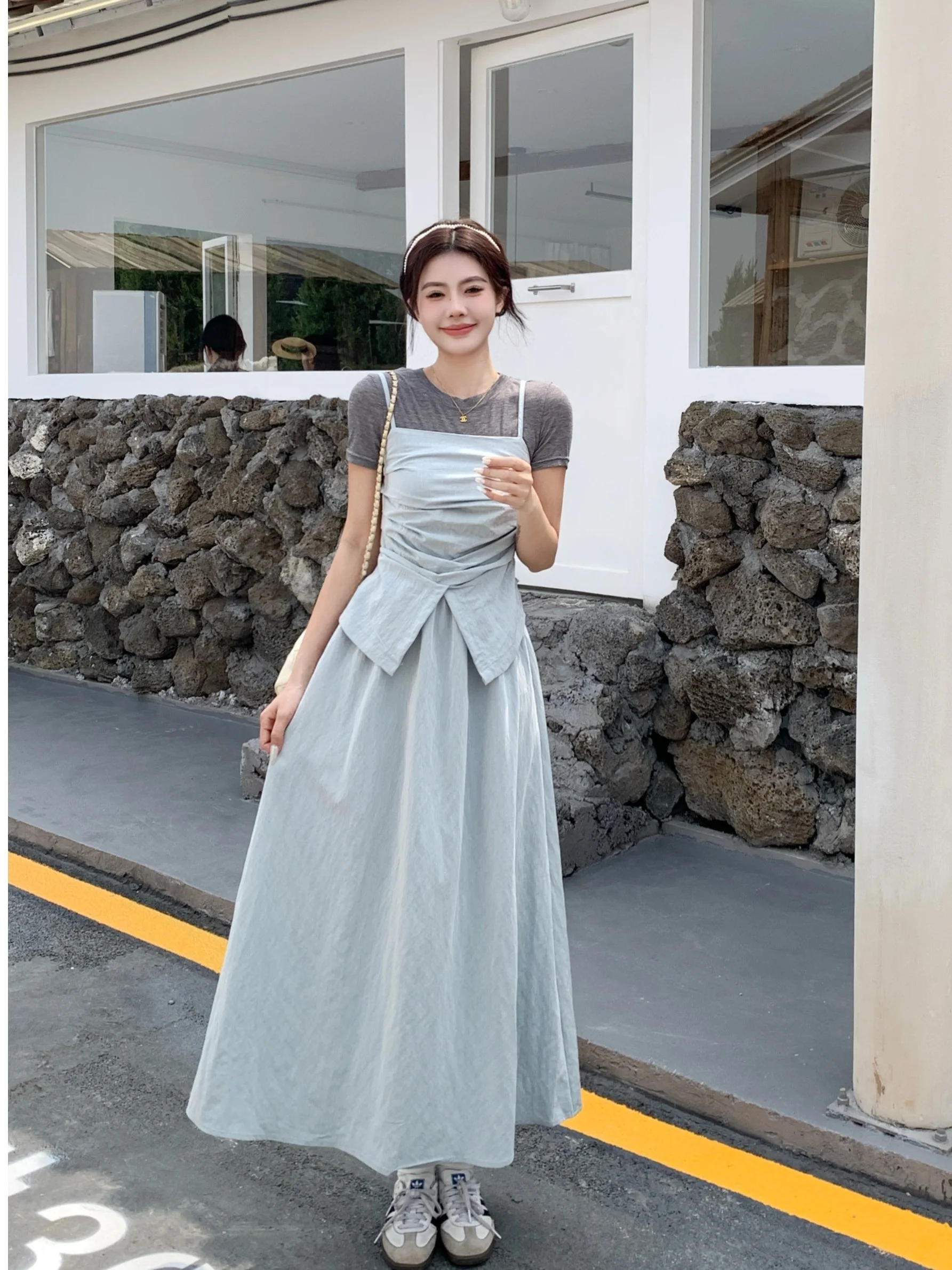 

Chic plus Size Women's Dress with Waist Cinching Strap Summer New Style Age Reduction Meat Concealing A-Line Long Dress