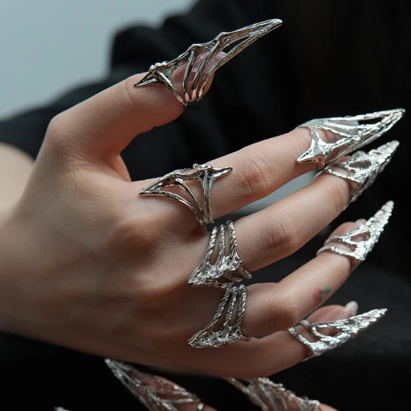 Punk Fashion Nail Cover Bone Ring Gothic Rock Machinery Manicure Fingertip Ring Multilayer Finger Rings Cosplay Jewelry Gifts