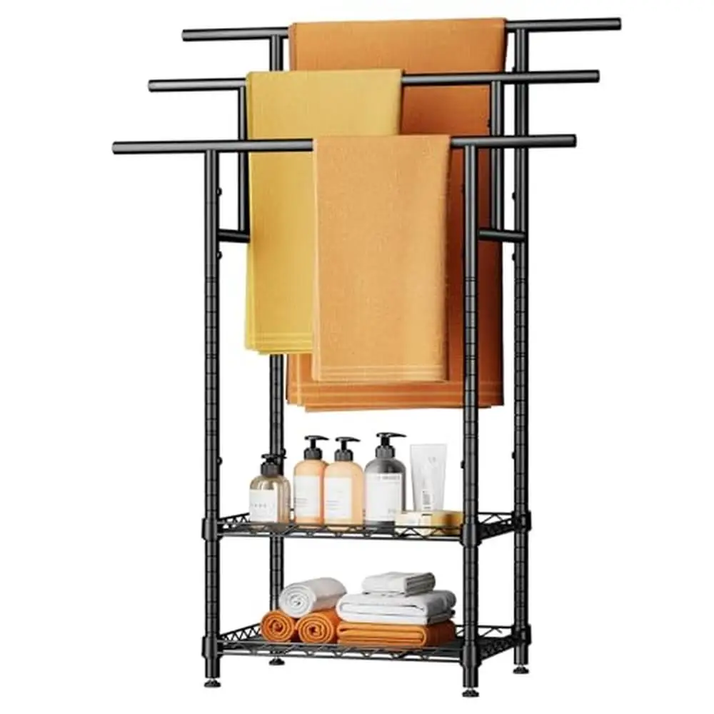 3-Tier Towel Rack Stand with Basket Metal Bathroom Organizer Freestanding Towel Holder Oversized Towels & Blankets 44