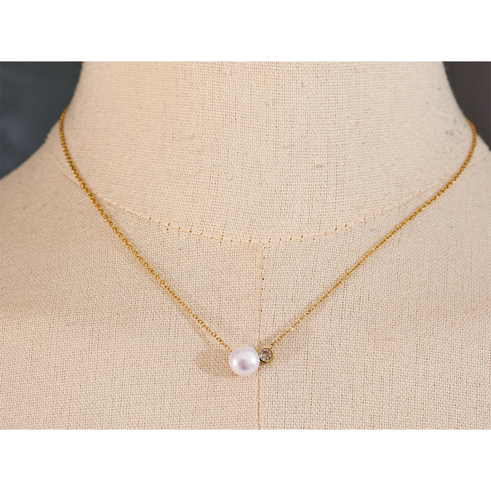 Yhpup Korean Style Stainless Steel Natural Pearl Zircon Necklace Pendant Chain Waterproof Temperament Premium Jewelry