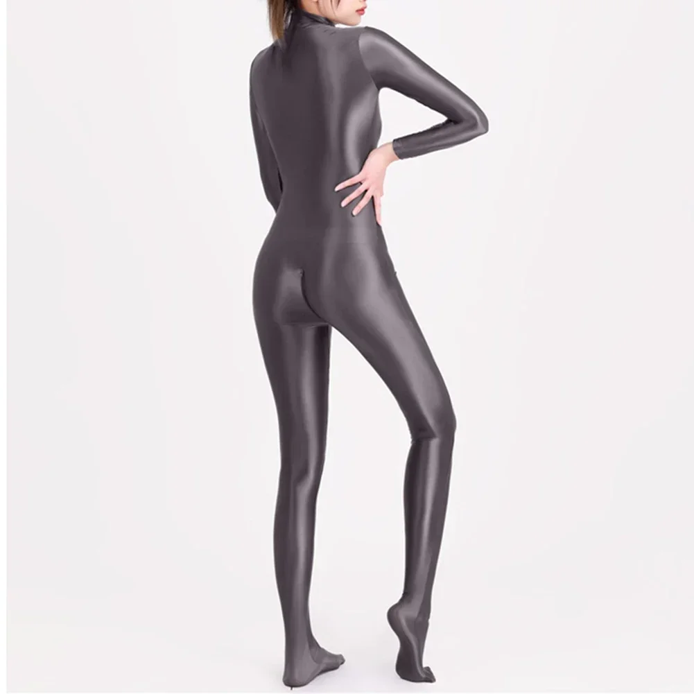 Women Oily Glossy Long Sleeve Elastic Bodysuit Full Body Tights Crotchless Silky Bodystocking Nightwear