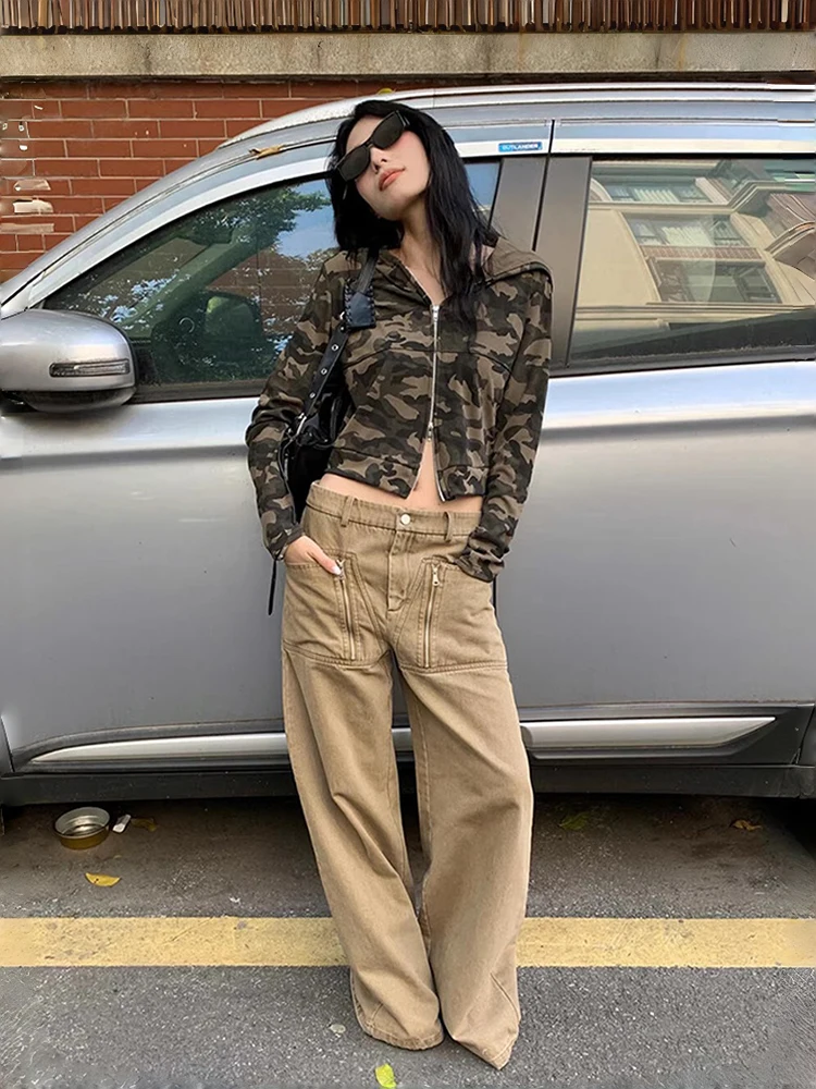 ReddaChic Zipper Pockets Wide Leg Jeans Women Trousers Vintage Khaki Low Rise Loose Fit Straight Cargo Pants Western Streetwear