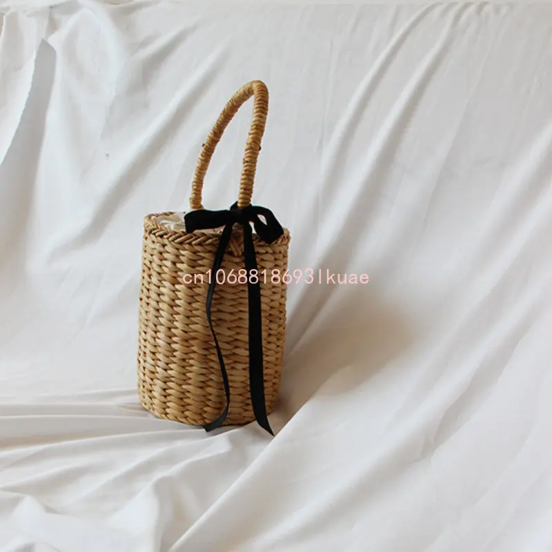 Japanese and Korean Straw Bucket Tote Hand Bags for Women Rattan Woven Purses and Handbags Ladies Beach Ribbon Handbag