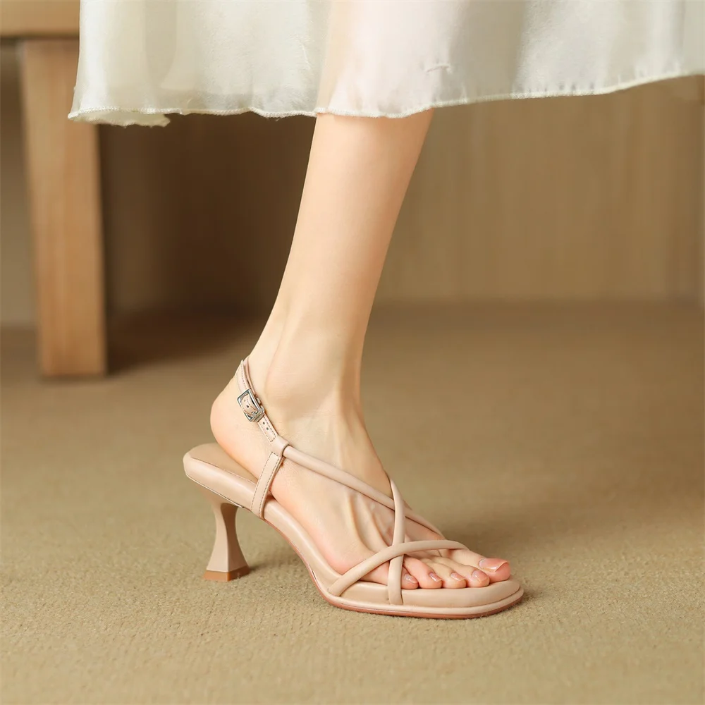 Taoffen Summer Concise Fashion Women Sandals Thin Heels Narrow Band Peep Toe Slingback Sandals Lightweight Cross-Tied Lady Shoes