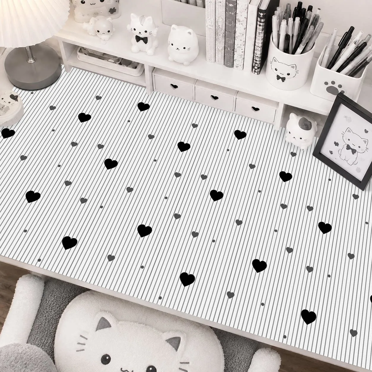 Full Screen Love Polka Dots Lace Star Y2K Girl Leather Desk Pad Protector Mouse Pad Office Desk Mat Non-Slip PU Desk Blotter Pad