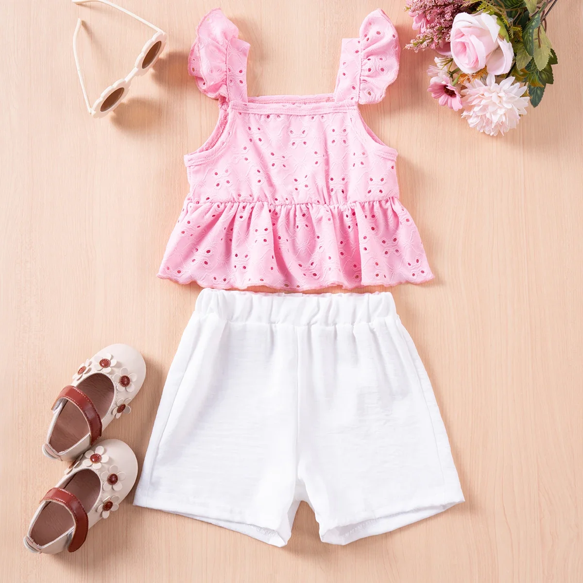 Toddler Girl Set 2024 Solid Color Flying Sleeves Hanging Strap Hollow Top+Pure Breathable Shorts Set 2-piece for Daily Wear