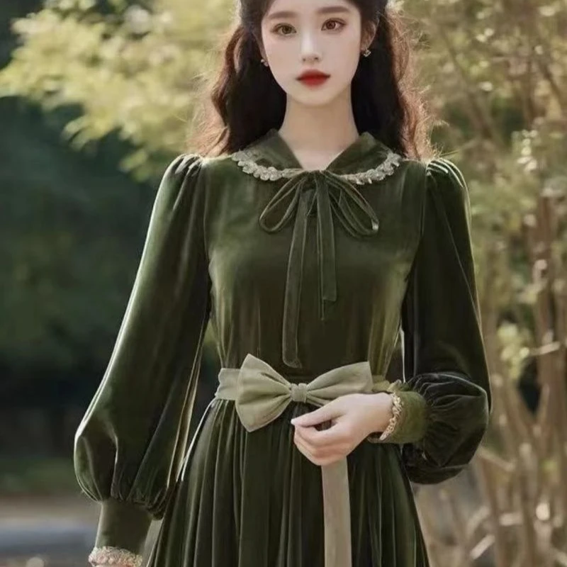 2024 primavera outono feminino veludo verde cintura alta arco lanterna manga vestido, mulher vintage renda francesa retalhos vestidos de veludo