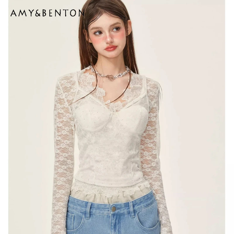 

French Party Sweet Lace Sexy Inner Wear Women's Bottoming Shirt 2025 Autumn New V-Neck Hollow Out Lace Long Sleeve Top Ladies
