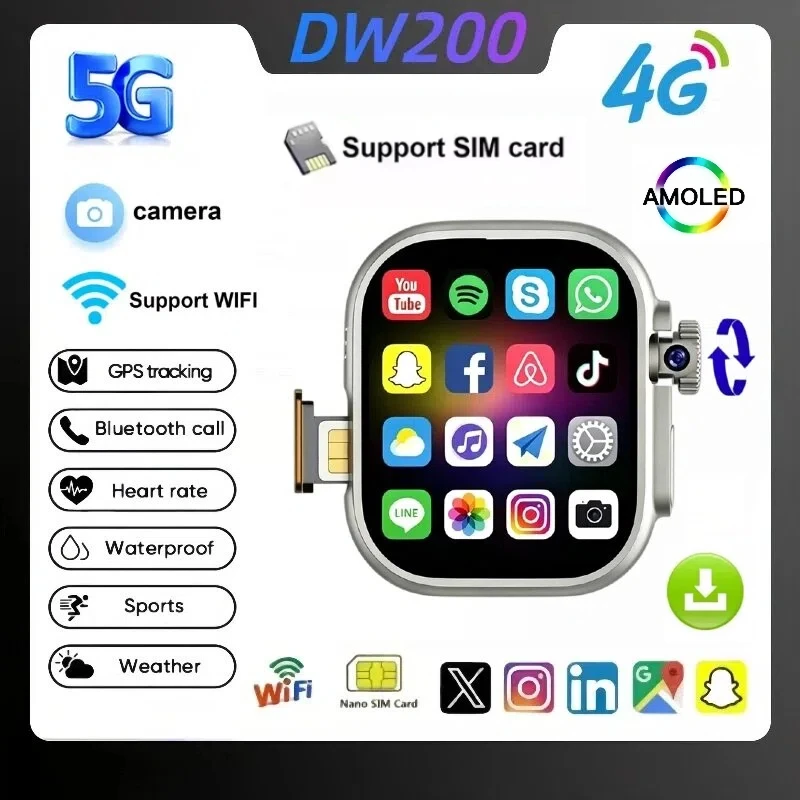 4G Android Smart Watch DW200 Amoled Smartwatch+1/3pcs straps 64GB Rom Heart Rate SmartWatch Men women support SIM Card GPS WIFI