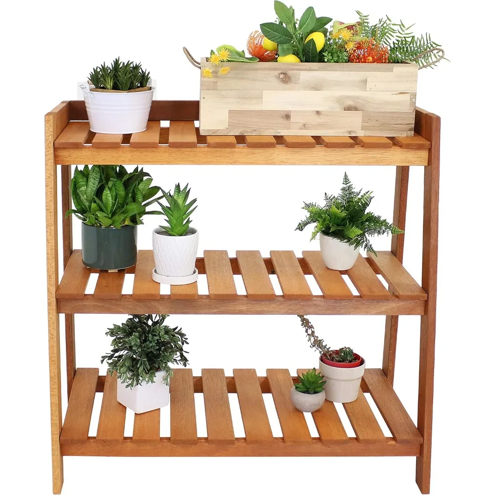 

Sunnydaze Outdoor Meranti Wood 3-Tiered Garden Shelf with Teak Oil Finish